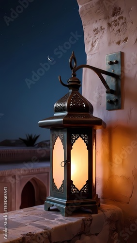 A rustic Islamic lantern glowing softly on a stone ledge, set against a starry night sky with a crescent moon, perfect for an Islamic background and wallpaper