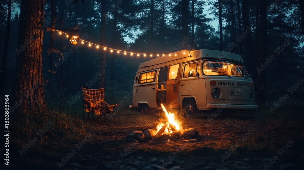 Cozy old-fashioned camper van illuminated by string lights, campfire flames flickering in the forest Cozy old-fashioned camper van illuminated by string lights, campfire flames flickering in the forest