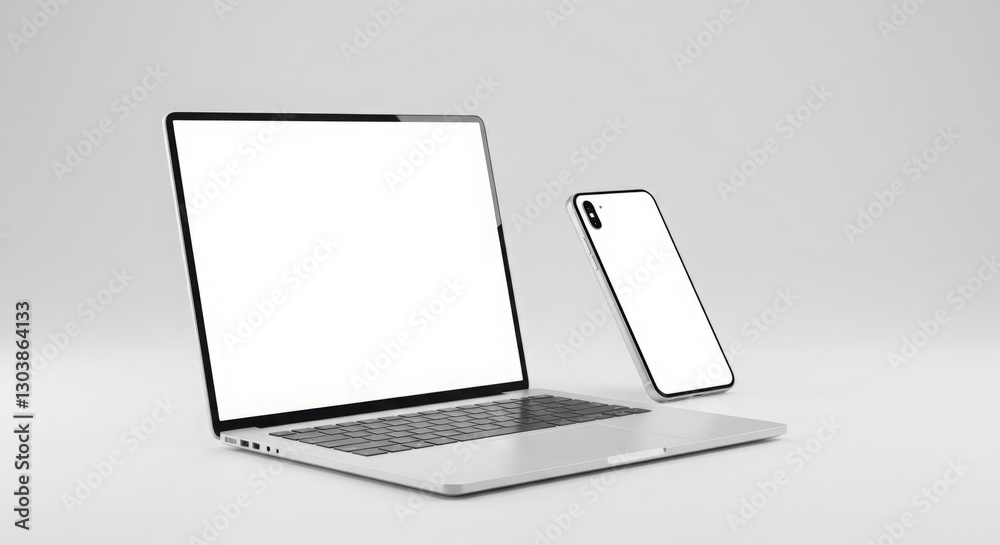 Sleek silver laptop and smartphone mockup with blank screens, ready for your design. Sleek silver laptop and smartphone mockup with blank screens, ready for your design.