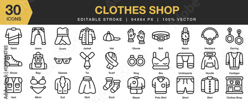 Clothes Shop icon set. Editable Stroke Icon Collection. Includes retail, sale, clothing, fashion, store, shop, and More. Outline icons vector collection.