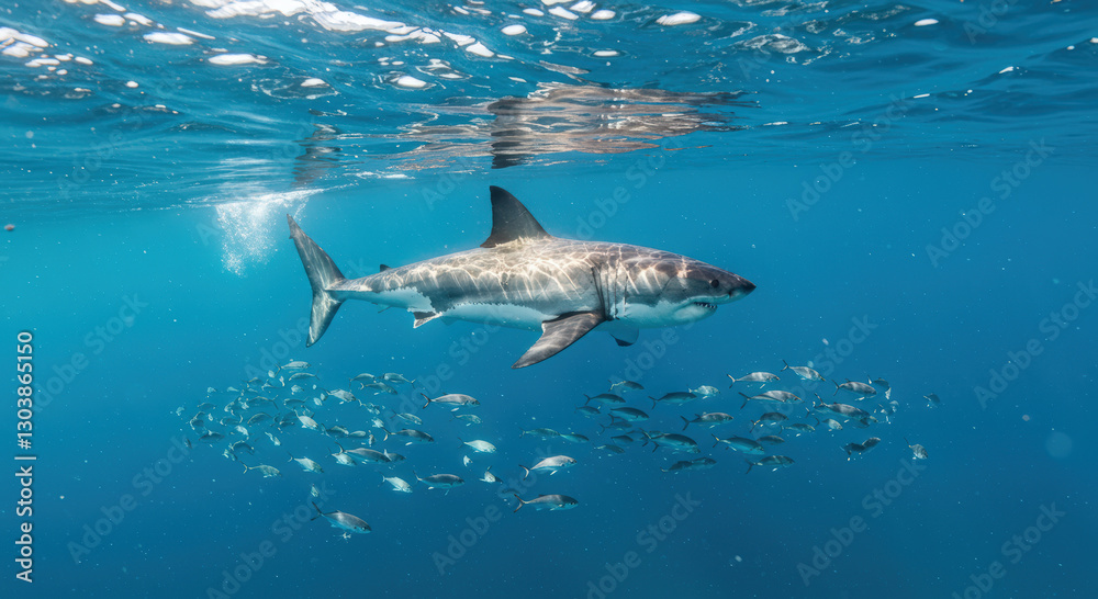 Obraz premium Great White Shark School Fish Underwater: Great White Shark swimming with a school of fish in clear blue ocean waters