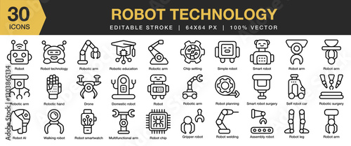 Robot Technology icon set. Editable Stroke Icon Collection. Includes robot, technology, machine, industry, robotic, automation, and More. Outline icons vector collection.