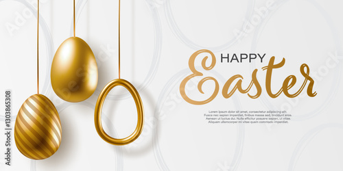 Happy Easter banner with realistic golden eggs with different designs. 3d vector egg decorations for greeting card, web banner, flyer, promotion, poster, social media. Isolated on pattern background.
