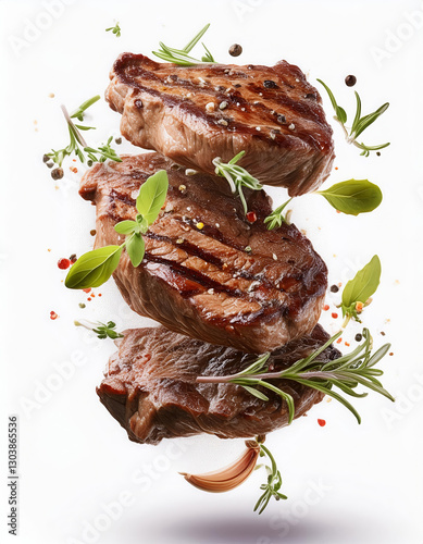 Grill Beef steaks, realistic 3d brisket flying in the air, grilled meat collection, ultra realistic, icon, detailed, angle view food photo, steak composition photo