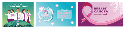 Breast cancer awareness month banner with female doctor, pink ribbon, and health symbols.