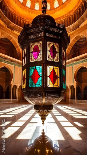 A stunning Moroccan lantern with stained glass in jewel tones, suspended from a high-domed ceiling, creating a mesmerizing play of light and shadow in an ancient Islamic palace