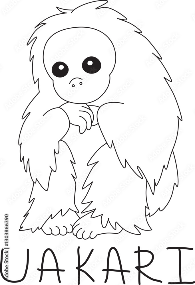 Fototapeta premium hairy bald sitting uakari with text below hand written