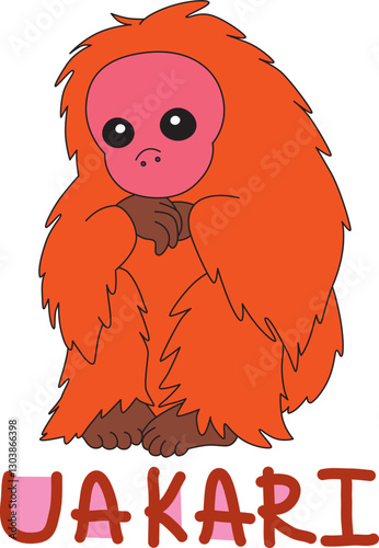 red haired bald sitting uakari with colorful text below hand written