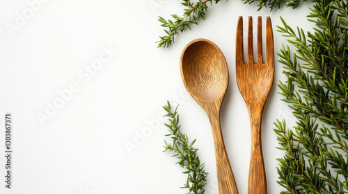 This image features wooden cutlery with green sprigs, perfect for food blogs, recipe sites, or articles on healthy eating, organic food, and sustainable living.

