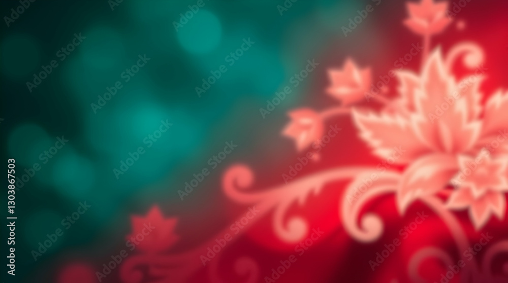 Blurred floral pattern with glowing red and teal hues, creating a soft, ethereal, and festive background. Blurred floral pattern with glowing red and teal hues, creating a soft, ethereal, and festive background.