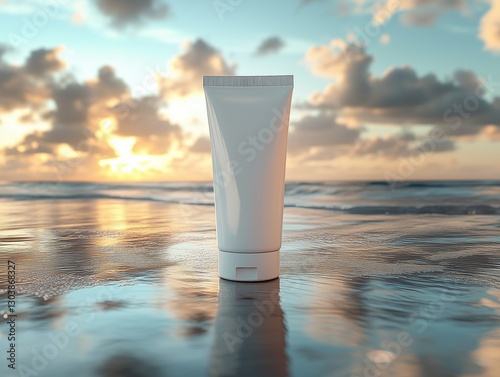 Beauty product on a serene beach at sunset creating a tranquil atmosphere for self-care moments