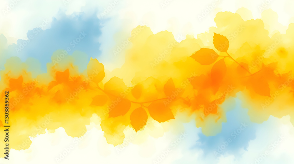 Watercolor blend of blue and yellow with stylized orange leaves, creating a soft, ethereal, and nature-inspired abstract. Watercolor blend of blue and yellow with stylized orange leaves, creating a soft, ethereal, and nature-inspired abstract.