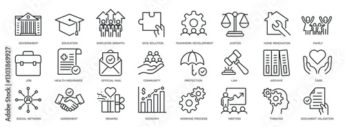 Set of collection line icons related social policy, social network, community. Editable stroke. Perfect pixel on transparent background