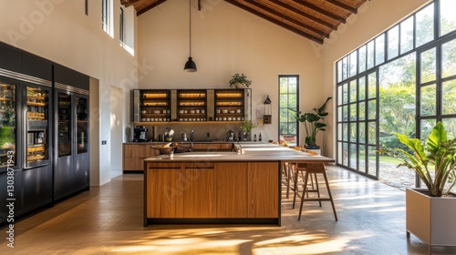 Modern Kitchen Design with Open-Concept Layout and Large Windows