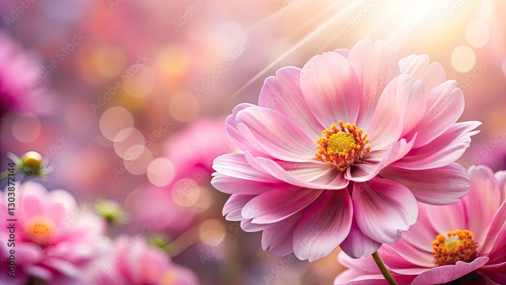 Fototapeta premium Close-Up of Delicate Pink Flower Petals with Intricate Stamens Against a Soft Blurred Background, Ideal for Nature and Floral Themes, Perfect for Greeting Cards and Decor