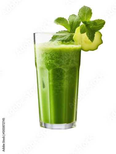 A glass of vibrantg reen juice on transparent background photo