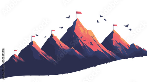A stylized vector illustration depicting a range of mountains at sunset or sunrise. The mountains are rendered in shades of blue, purple, and orange, with a gradient effect creating a sense