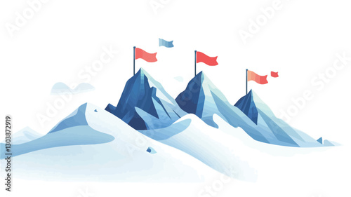 A stylized illustration depicting three snow-capped mountains with red and blue flags atop each peak.  The mountains are rendered in shades of blue and white, with a simplified, almost