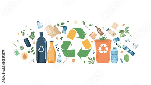 A digital illustration depicting various recyclable materials such as plastic bottles, glass bottles, paper, and other debris floating around a large recycling symbol and a recycling bin.