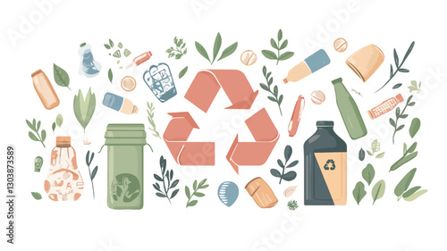 A digital illustration depicting a recycling symbol surrounded by various recyclable materials such as plastic bottles, glass bottles, and other containers.  Green leaves and other plant