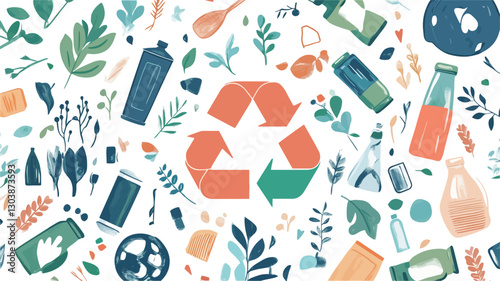The image is a stylized illustration featuring a large recycling symbol at the center.  The symbol is composed of three arrows forming a triangle, rendered in shades of orange and green.