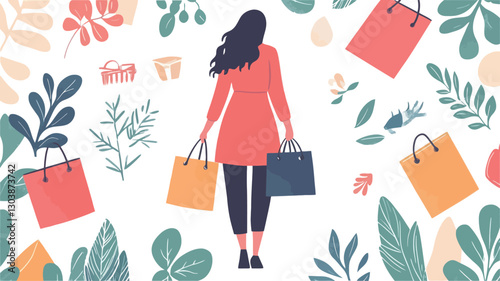 A vector illustration featuring a woman viewed from behind, carrying two shopping bags. She is positioned centrally against a busy background composed of a repeating pattern of various