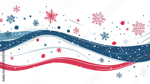 The image showcases an abstract horizontal pattern featuring stylized wavy lines in shades of blue and red on a white background.  Scattered throughout are small circles in red and blue,