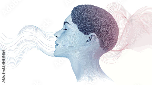 Digital illustration depicting a stylized female profile in cool blue tones.  The head is partially transparent, revealing a stylized brain rendered with intricate lines.  Abstract, flowing