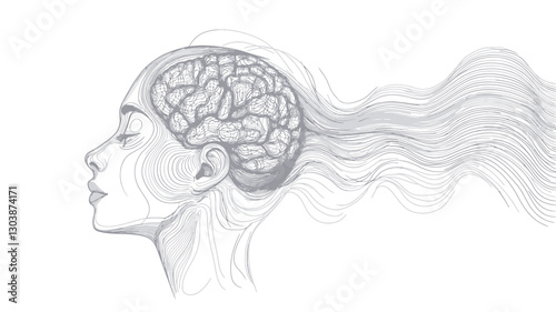 A grayscale illustration depicting the profile of a woman's head with a detailed rendering of the brain visible within the skull.  Abstract flowing lines emanate from the head, suggesting