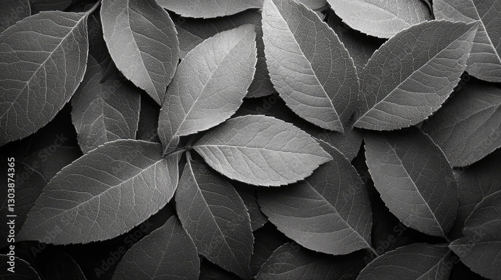 Obraz premium Close-up grayscale leaves; nature background; botanical texture; aesthetic image; suitable for wallpaper