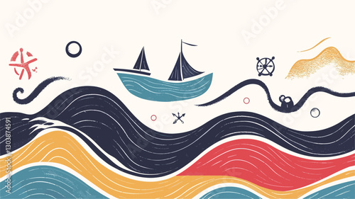The image is a stylized illustration depicting a seascape.  The color palette is vibrant, utilizing blues, yellows, reds, and dark teal.  The style is minimalist and abstract, with