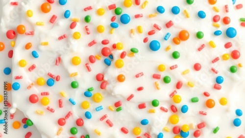 a close up of a cake with white frosting and colorful sprinkles,