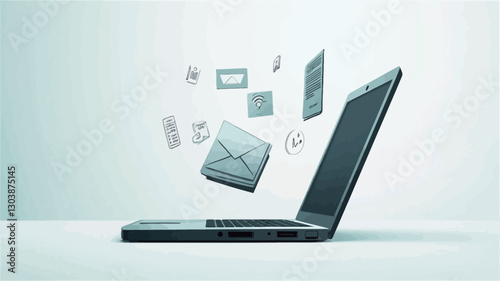 The image shows a dark gray laptop positioned on a light gray surface against a plain light blue-gray background.  The laptop is open at a slight angle, displaying a dark screen. Several