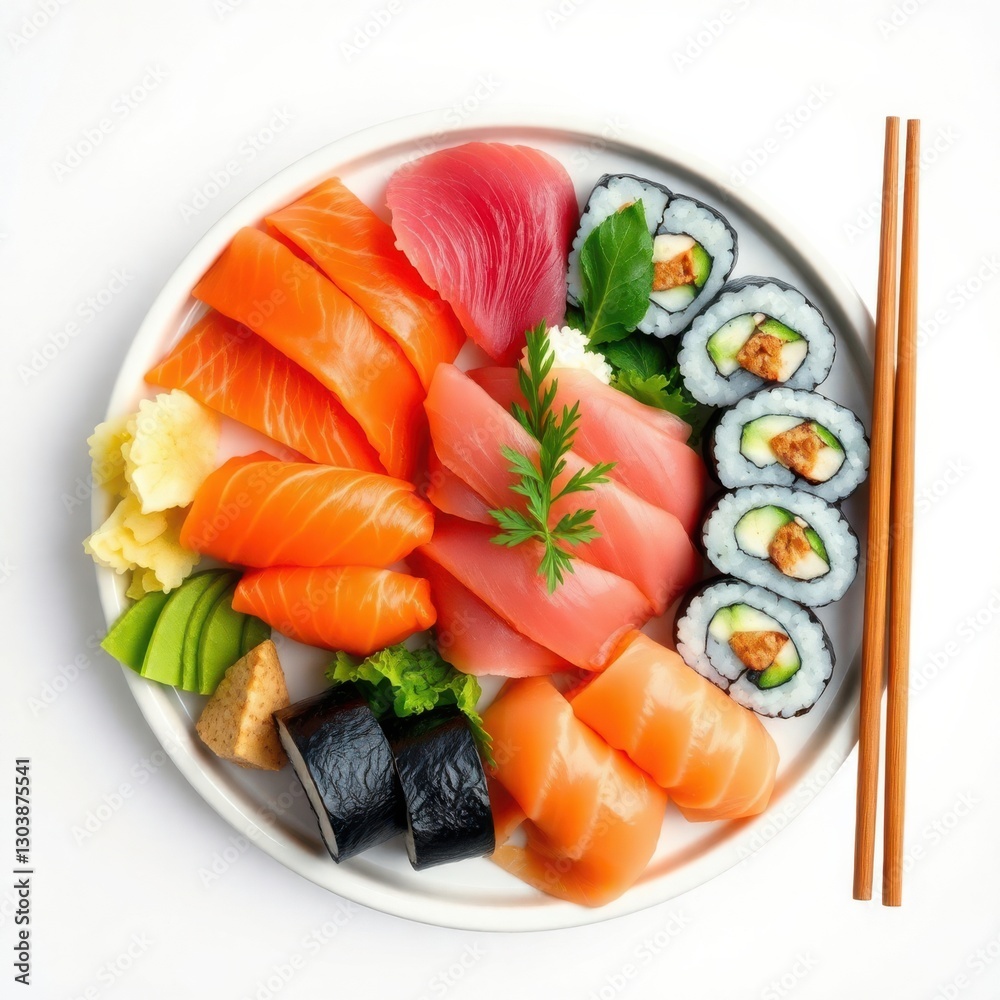 Fresh sushi platter: Salmon, tuna, and vegetable rolls arranged on a plate with chopsticks on the side. Fresh sushi platter: Salmon, tuna, and vegetable rolls arranged on a plate with chopsticks on the side.