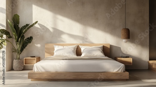 Serene Minimalist Bedroom: Sunlight Streaming Through a Modern Wooden Bed