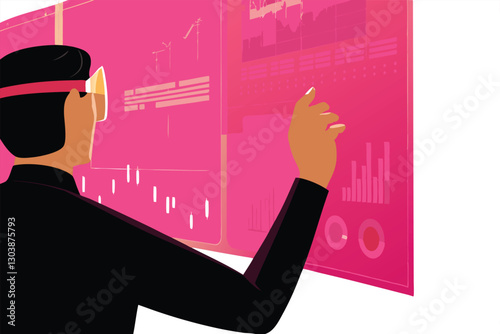 A focused businesswoman utilizes AR glasses to analyze stock market data projected as holographic charts and graphs in her modern office.