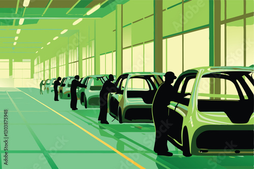 A bustling car manufacturing plant showcasing workers meticulously assembling vehicle components on a production line.