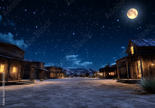 Wild West Town Night  Moonlit Desert  Starry Sky  Western Saloon