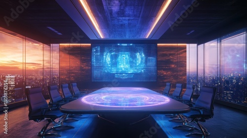 Futuristic Conference Room with Cityscape View