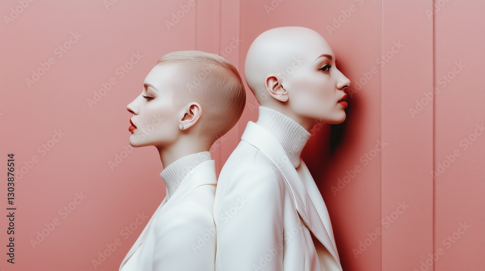 Fototapeta premium Individuals with alopecia exude confidence and style against a minimalist pink background, showcasing beauty in uniqueness