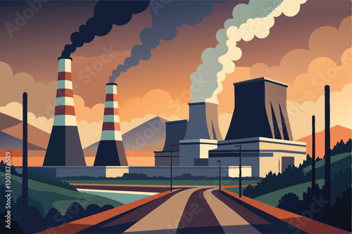 A sprawling coal-fired power plant, its imposing smokestacks belching grey plumes of steam and smoke against a bleak sky.