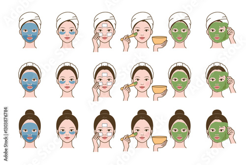Cosmetic skin care routine_woman(girl) using face sheet mask, modeling pack