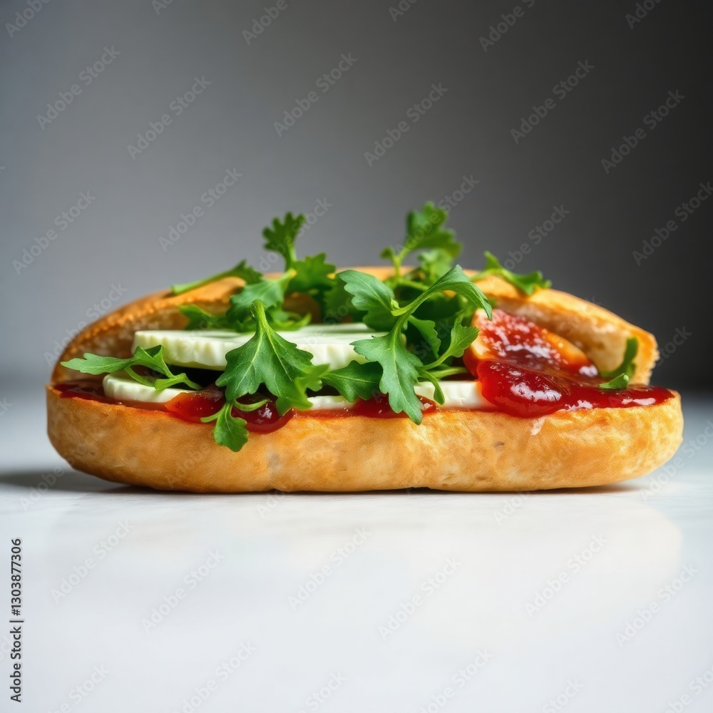 Fresh sandwich featuring crisp greens, cream cheese, and a vibrant red relish, sitting on a white counter. Fresh sandwich featuring crisp greens, cream cheese, and a vibrant red relish, sitting on a white counter.