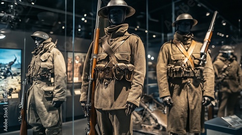 World War I Uniforms and Rifles on Display in a Museum Exhibit