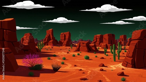 Stylized Desert Landscape with Red Rock Formations and Cactus Plants