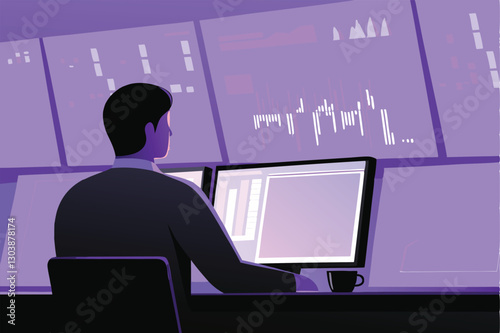 A focused financial analyst meticulously examines stock market charts and graphs on multiple monitors, deeply engrossed in analyzing trends and data.