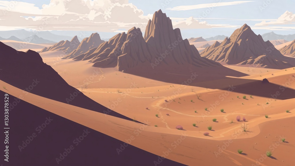 Fototapeta premium Panoramic View of a Desert Landscape with Rugged Mountains and Winding Paths
