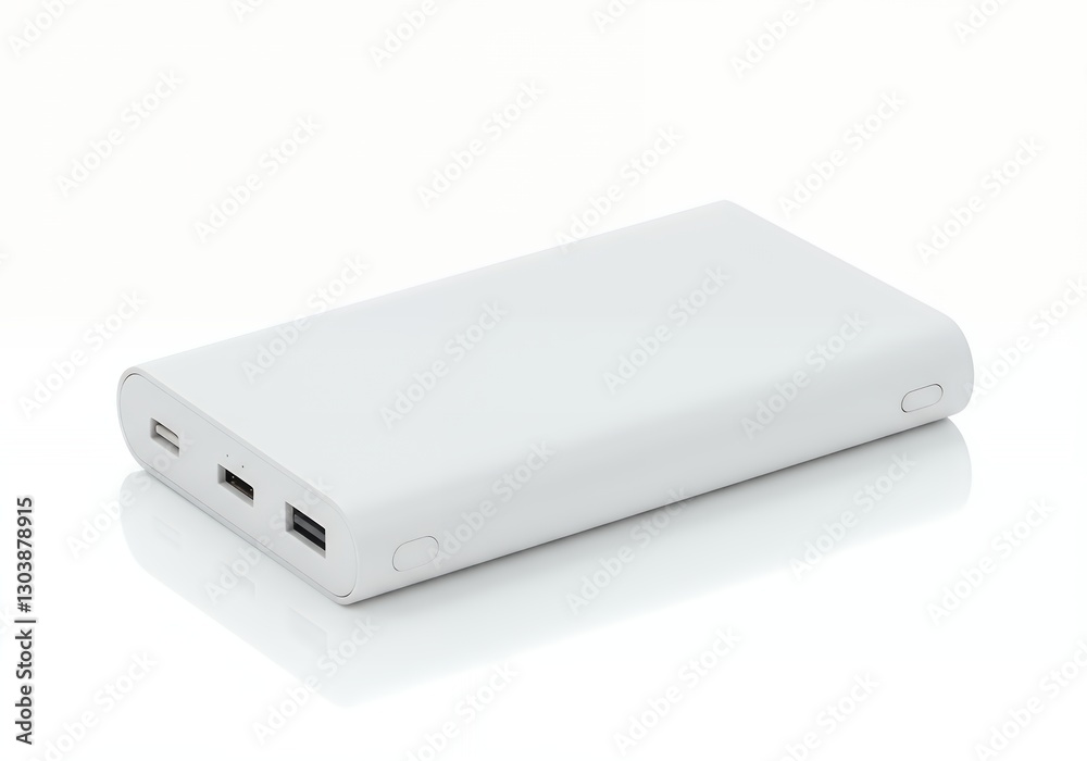 White Portable Charger Power Bank on Reflective Surface for Mobile Devices White Portable Charger Power Bank on Reflective Surface for Mobile Devices