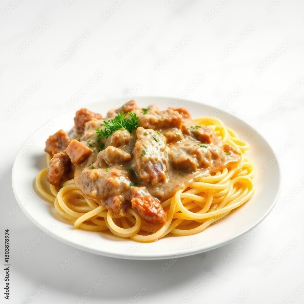 Pasta dish featuring spaghetti topped with creamy meat sauce and a garnish of fresh parsley on a white plate. Pasta dish featuring spaghetti topped with creamy meat sauce and a garnish of fresh parsley on a white plate.
