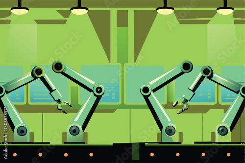 A sleek futuristic factory interior showcasing numerous robotic arms precisely assembling complex technological components on a high-tech assembly line.